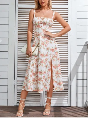 Robe mi-longue à imprimé floral